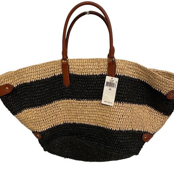 NWT Lauren Ralph Lauren Striped Straw Medium Daphney Tote Bag - Picture 2 of 11